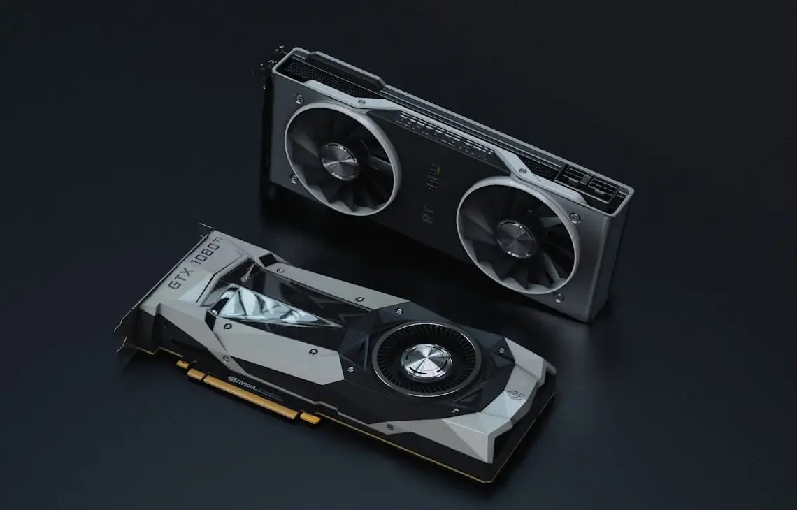 dwie karty graficzne GeForce i GTX 1080Ti na ciemnym tle — Naprawa i wymiana podświetlenia matrycy w laptopie HP — co wpływa na koszt naprawy