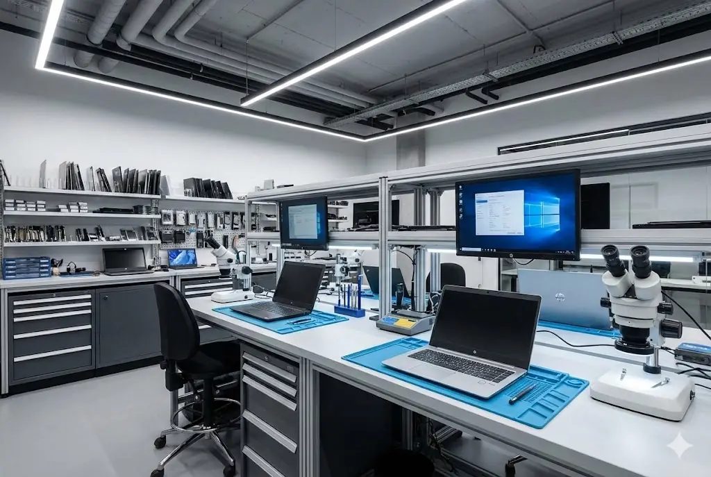 Stanowiska serwisowe z laptopami, mikroskopami i monitorem Windows 10 — Usługi serwisowe dla laptopów HP — pełny przegląd oferty
